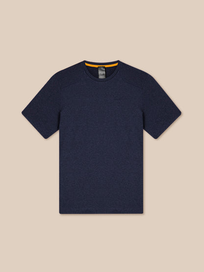 Navy Elevated Lifestyle T Shirt laid flat with orange interior collar details.