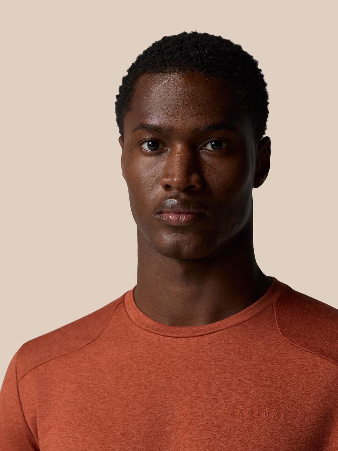 Close-up of a male model wearing Dark Rust Elevated Lifestyle T Shirt