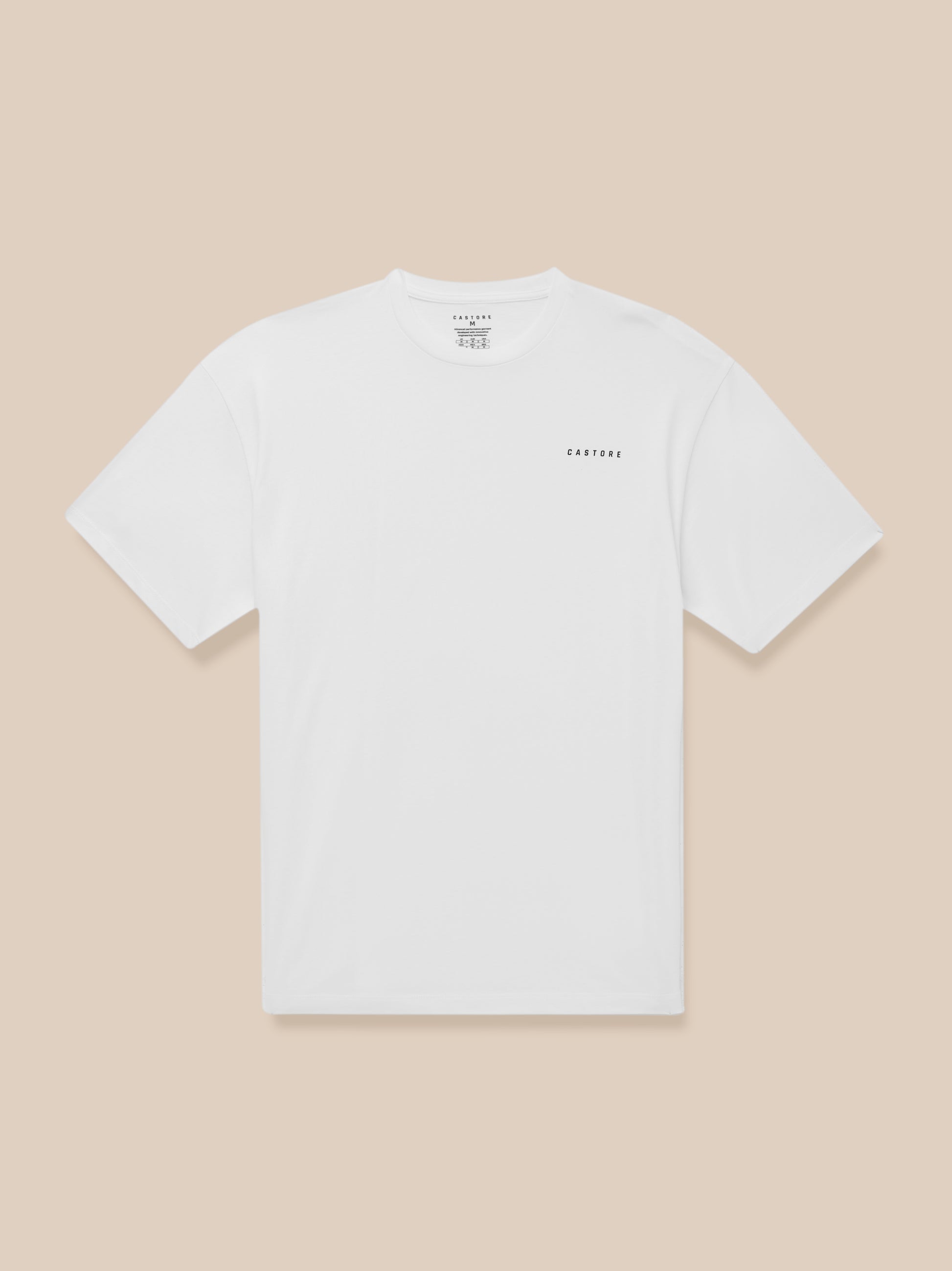 Male model wearing a white short sleeve crew neck T shirt with a small CASTORE logo on the chest