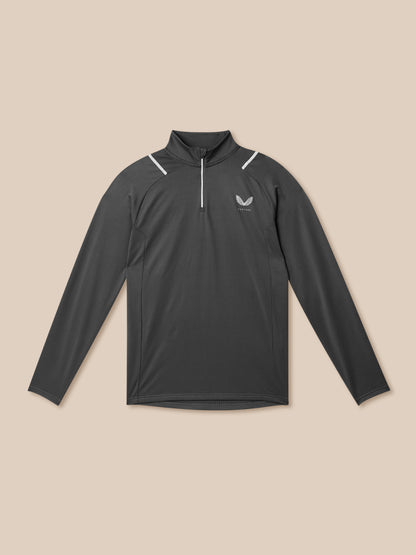 Charcoal Apex Training Winterised ¼ zip top with white shoulder piping and Castore logo.