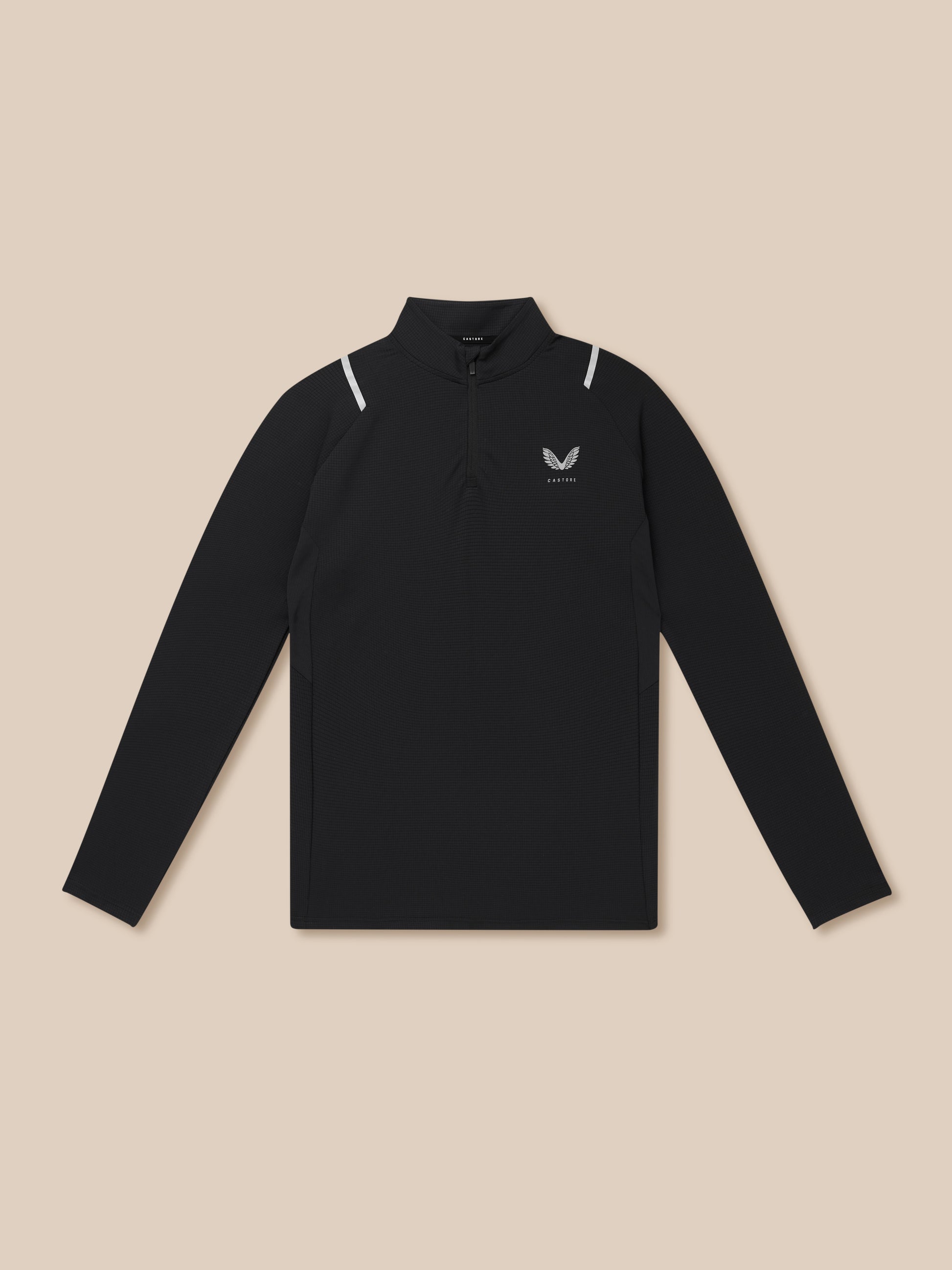 Black Apex Training quarter zip top with reflective shoulder accents and Castore logo on the chest.