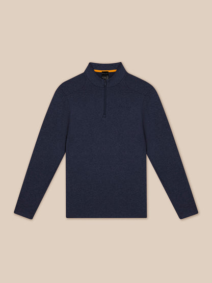 Navy Elevated Lifestyle quarter-zip top with front zip and Castore branding on left chest, orange inner collar trim.