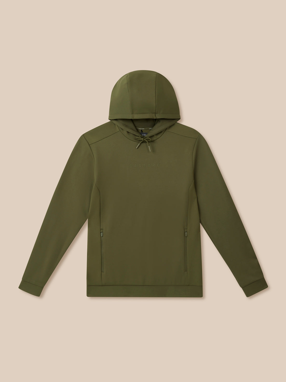 Flat-lay olive green Flex Thermo Hoodie with hood and zipped pockets showing Castore branding