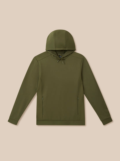 Flat-lay olive green Flex Thermo Hoodie with hood and zipped pockets showing Castore branding