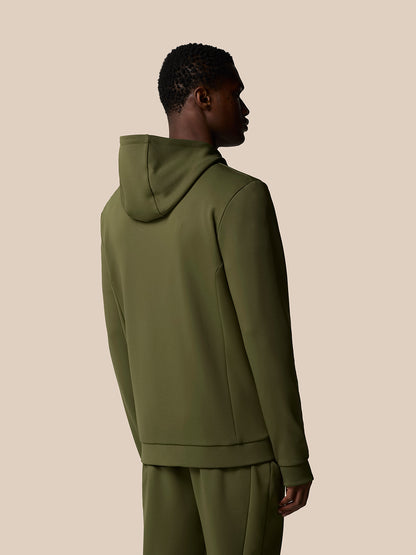 Back view of a male model wearing an olive green Flex Lifestyle Thermo Hoodie with the hood up