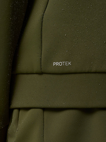 Close-up of olive green Flex Thermo Hoodie fabric with water droplets and ProTek logo