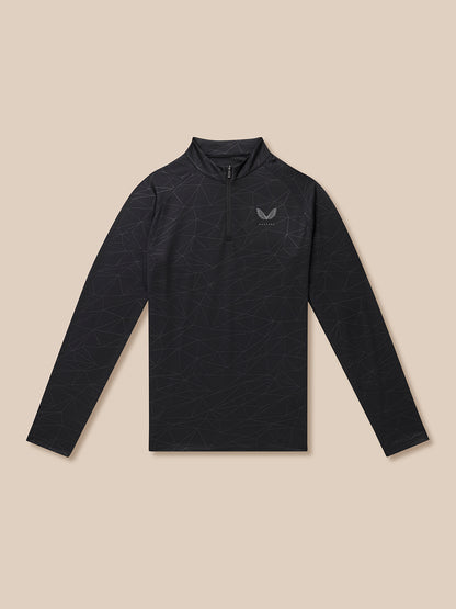 Model wearing black Adapt Training 1/4 Zip Top with geometric print and Castore branding on chest