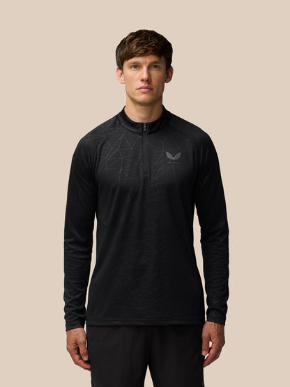 Male model wearing black Adapt Training 1/4 Zip Top with a subtle geometric all over print