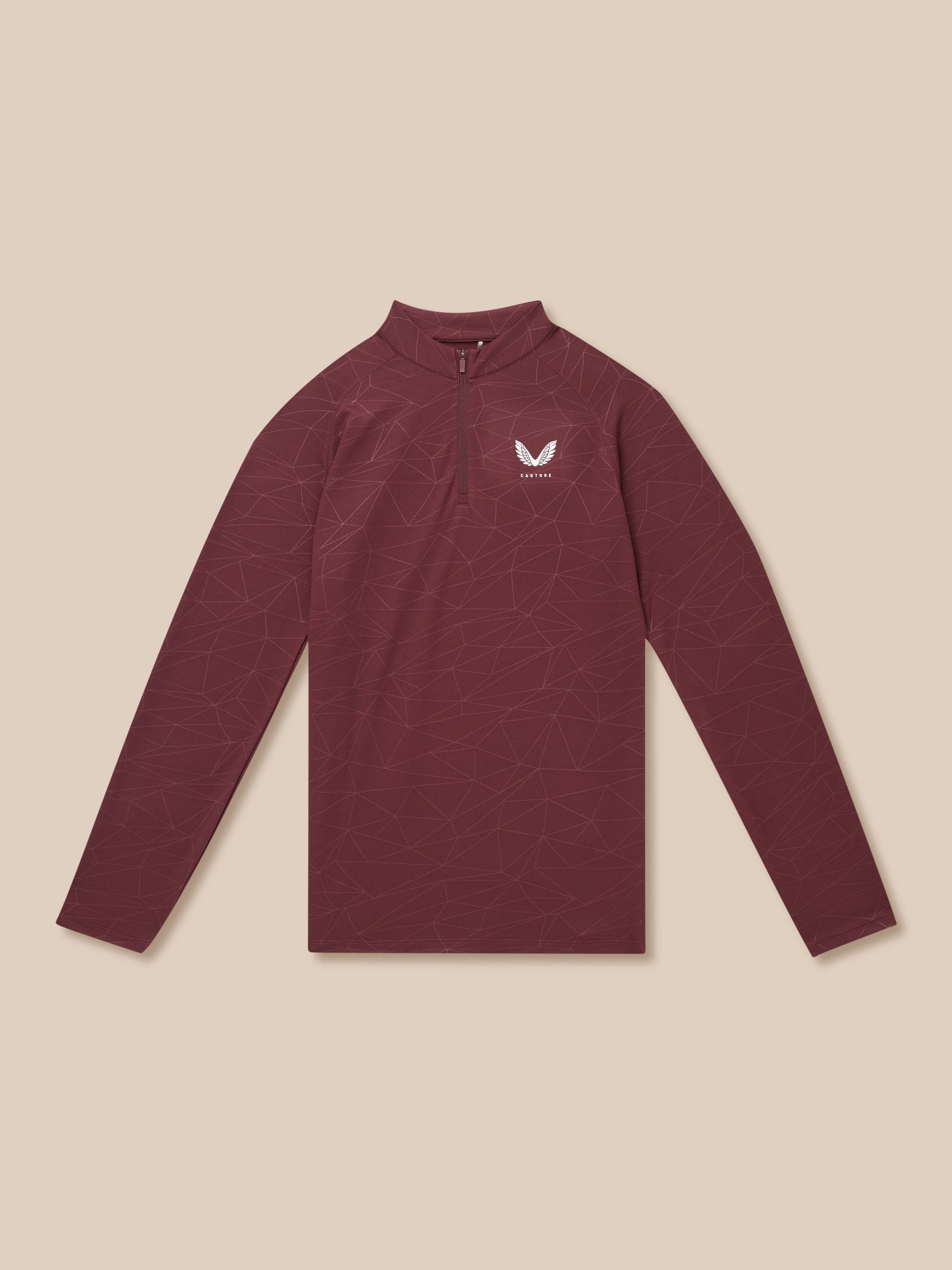 Plum colored quarter zip training top with geometric line pattern and white Castore logo on chest, laid flat.
