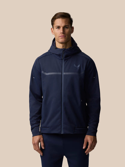 Male model wearing navy Garcia 3.0 Hoodie with zip front and chest stripe in studio