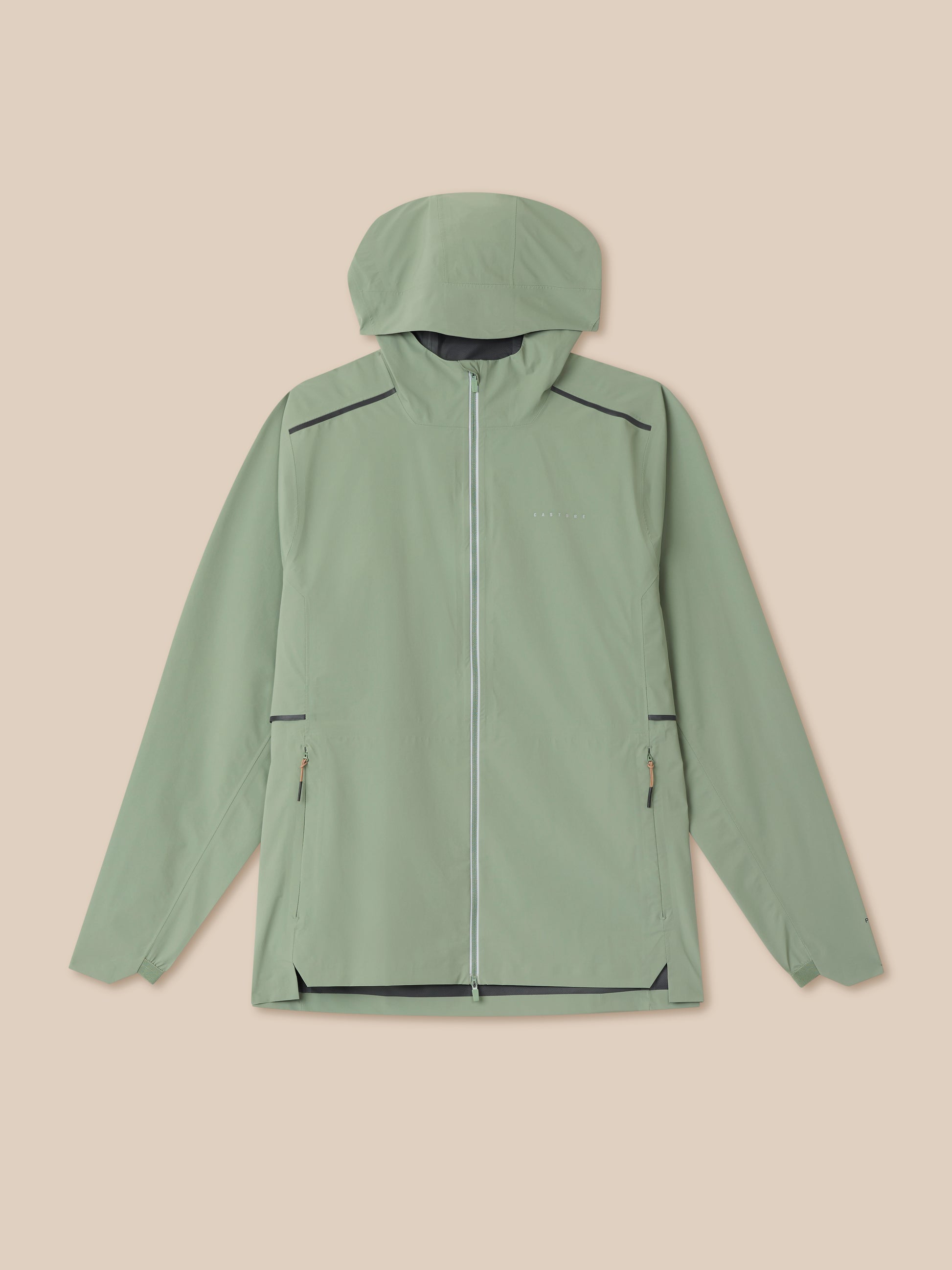 Back view of Zone Training LVS Jacket in Thyme with Black Reflective trim and hood