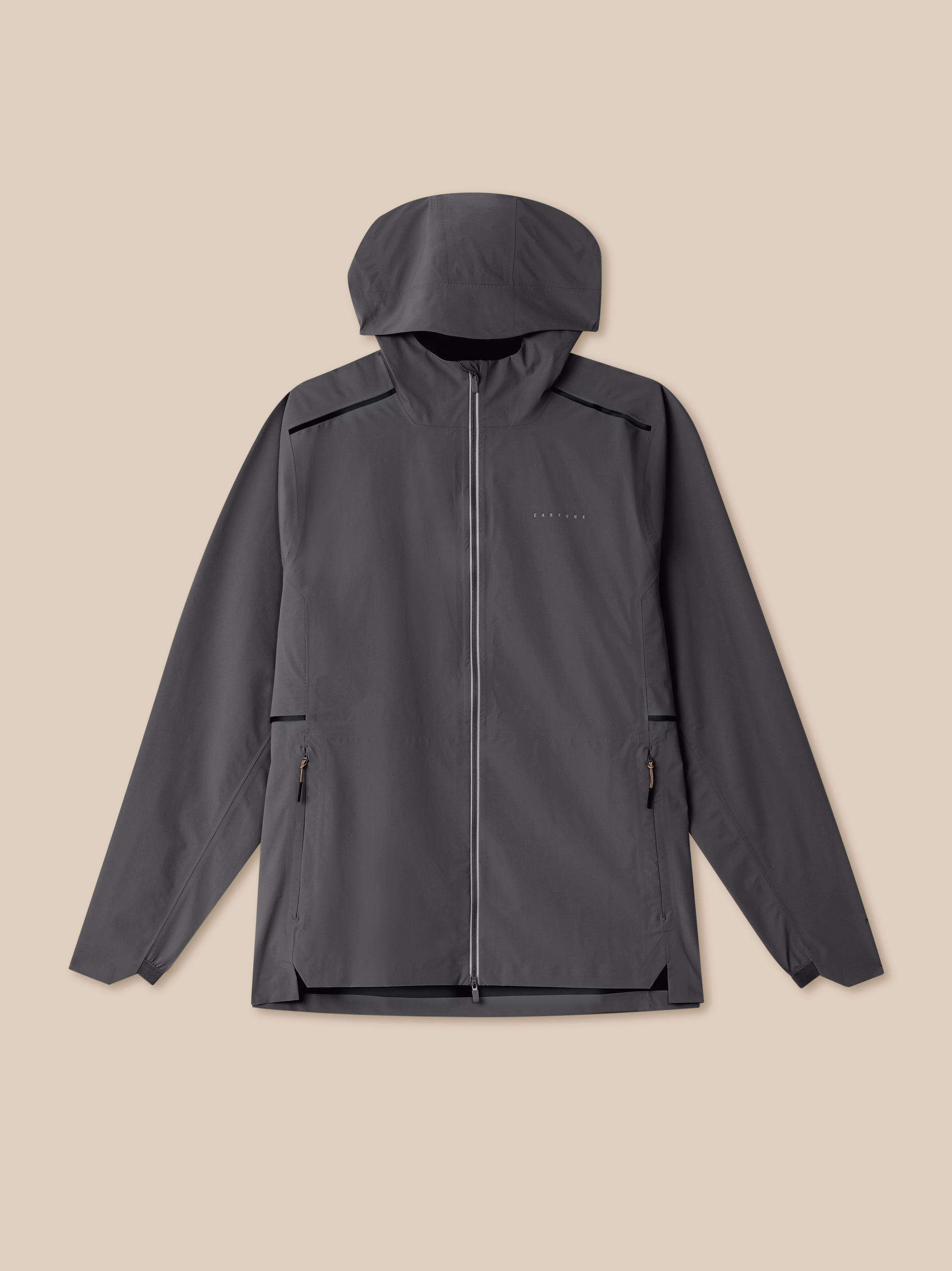 Full front view of Zone Training LVS Jacket in gray with hood up and a full-length zipper, CASTORE logo on the chest.