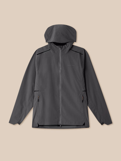 Full front view of Zone Training LVS Jacket in gray with hood up and a full-length zipper, CASTORE logo on the chest.