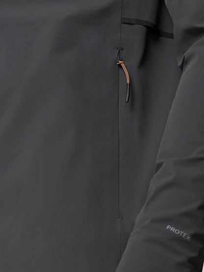 Close-up of Gunmetal/Black Reflective Zone LVS Jacket fabric showing front zipper and orange hood drawstring pull.