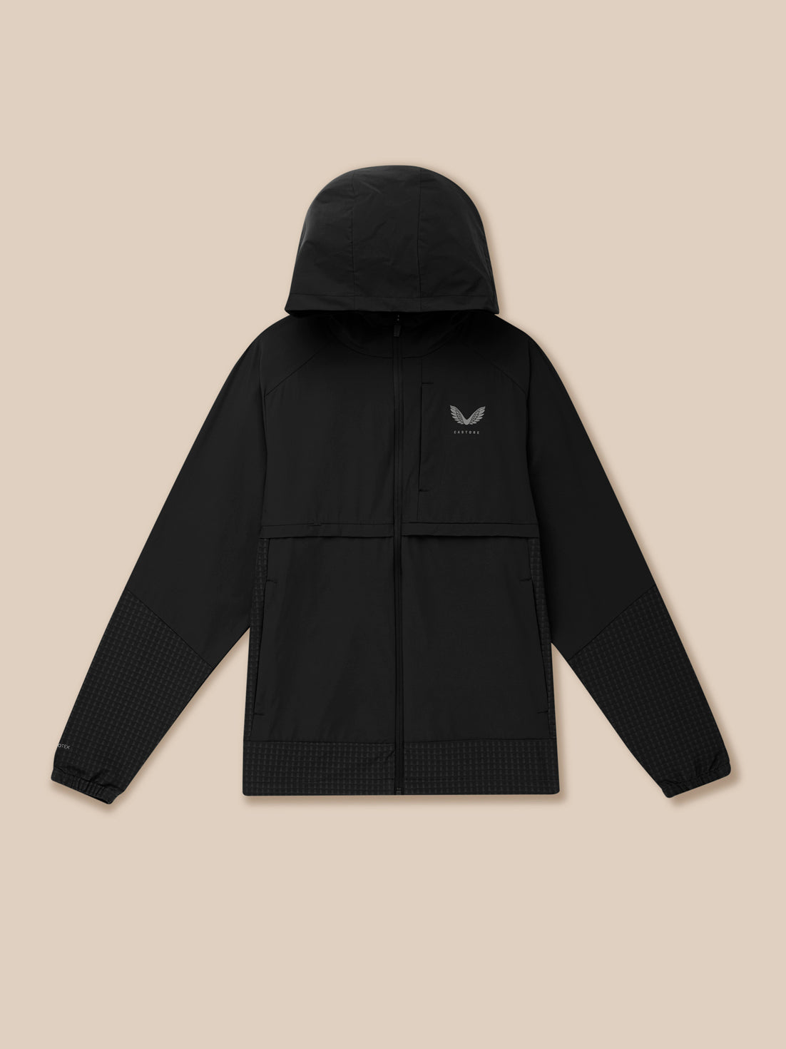 Black Flex Winterised Woven Jacket with hood laid flat showing front zipper and left chest Castore logo