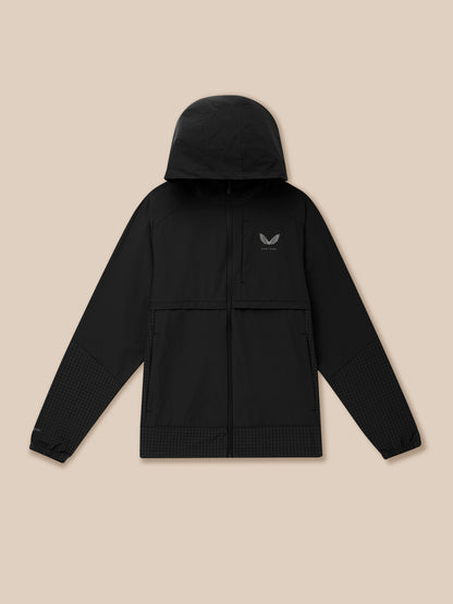Black Flex Winterised Woven Jacket with hood laid flat showing front zipper and left chest Castore logo
