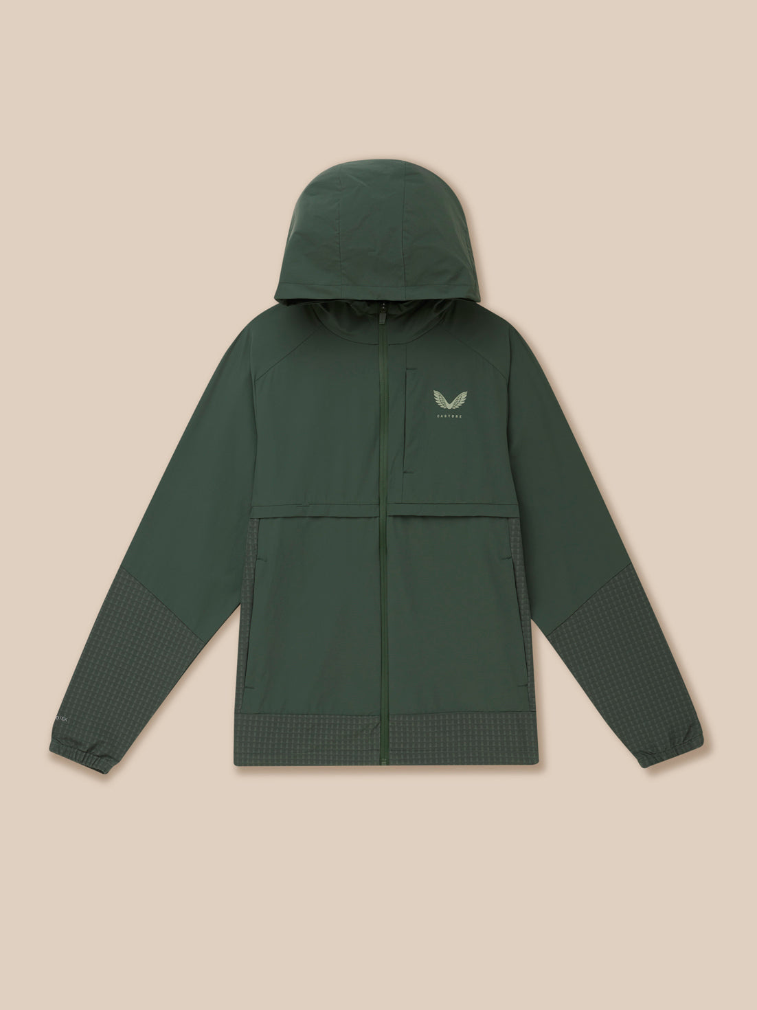 Dark green hooded jacket with full zip front left chest logo and grid-pattern cuffs