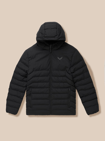 Black lightweight puffer jacket with hood, front zipper, horizontal quilting and zippered pockets, logo on left chest.