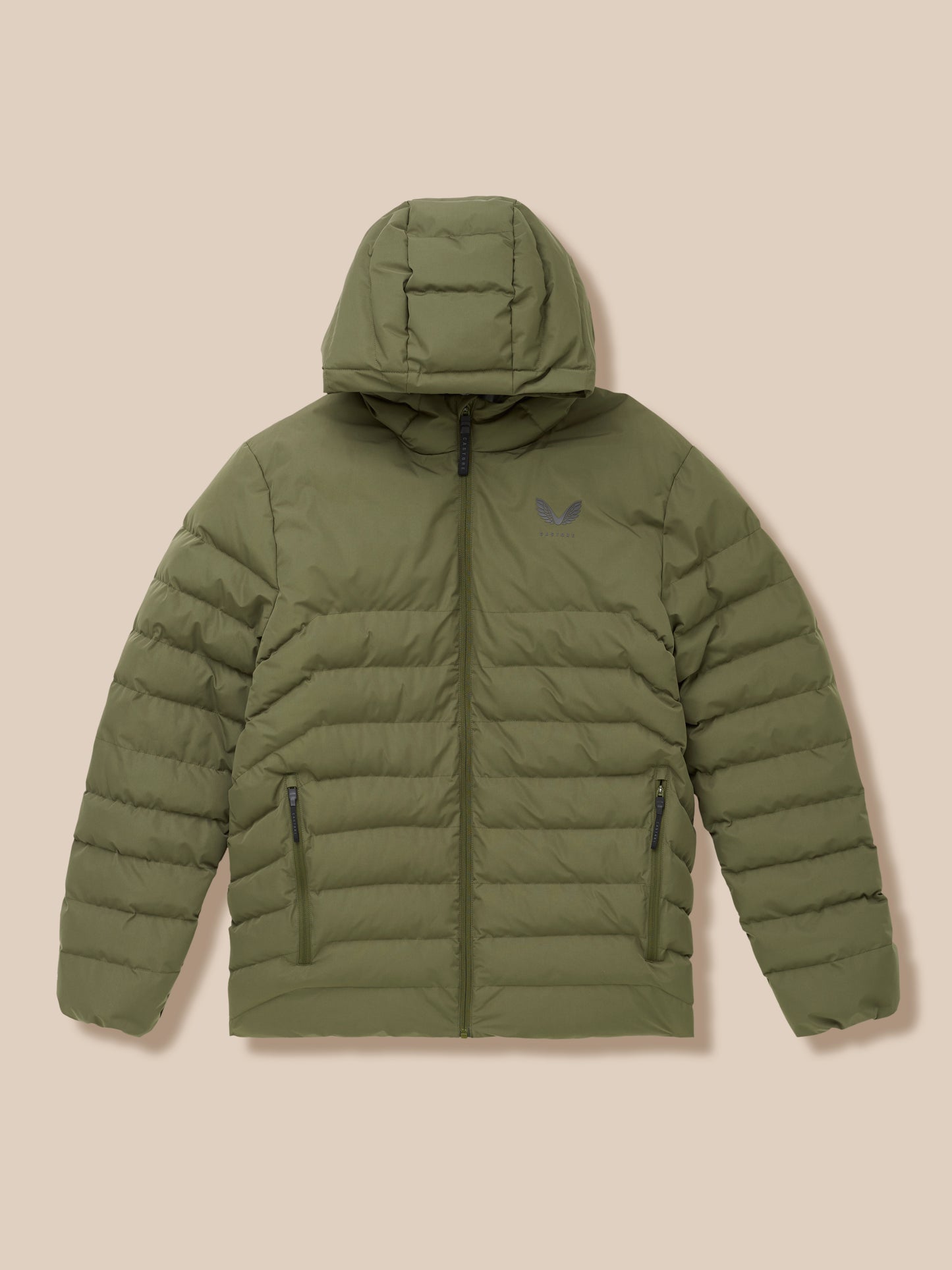 Ivy Green lightweight puffer jacket with hood, full front zipper and two zip pockets, showing quilted panels