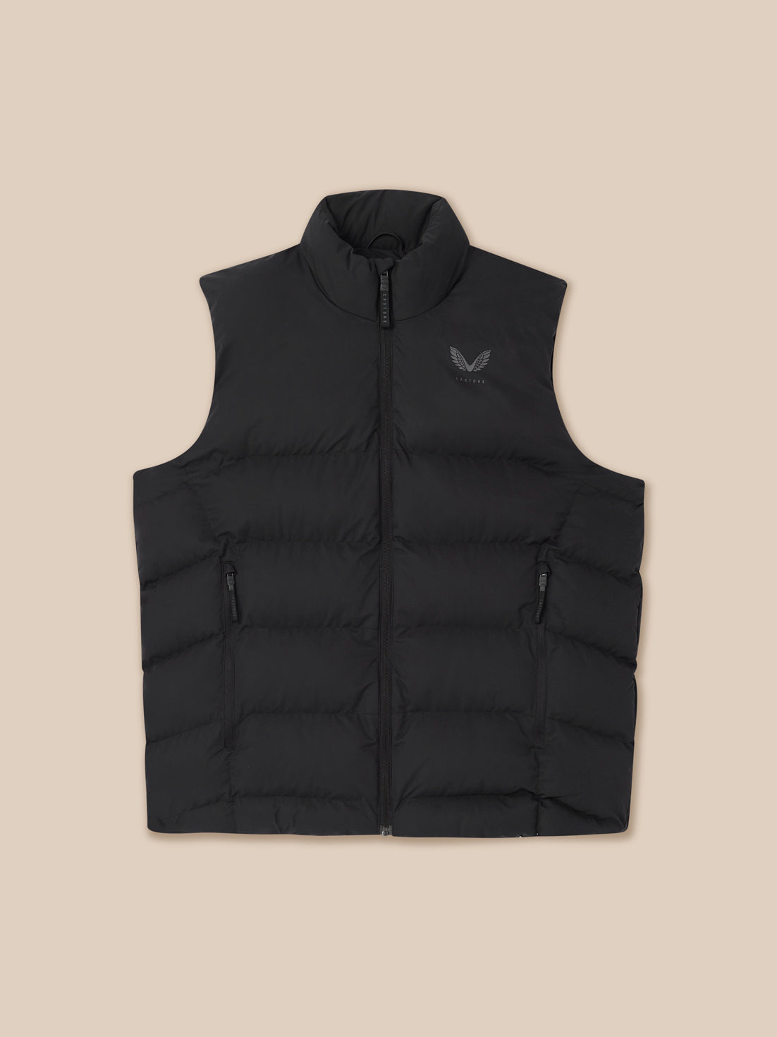Black sleeveless puffer gilet with full front zip and zipped pockets logo on chest