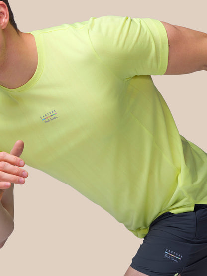 Lime performance engineered knit short sleeve tee with knit stripe pattern and Castore Paul Smith branding.