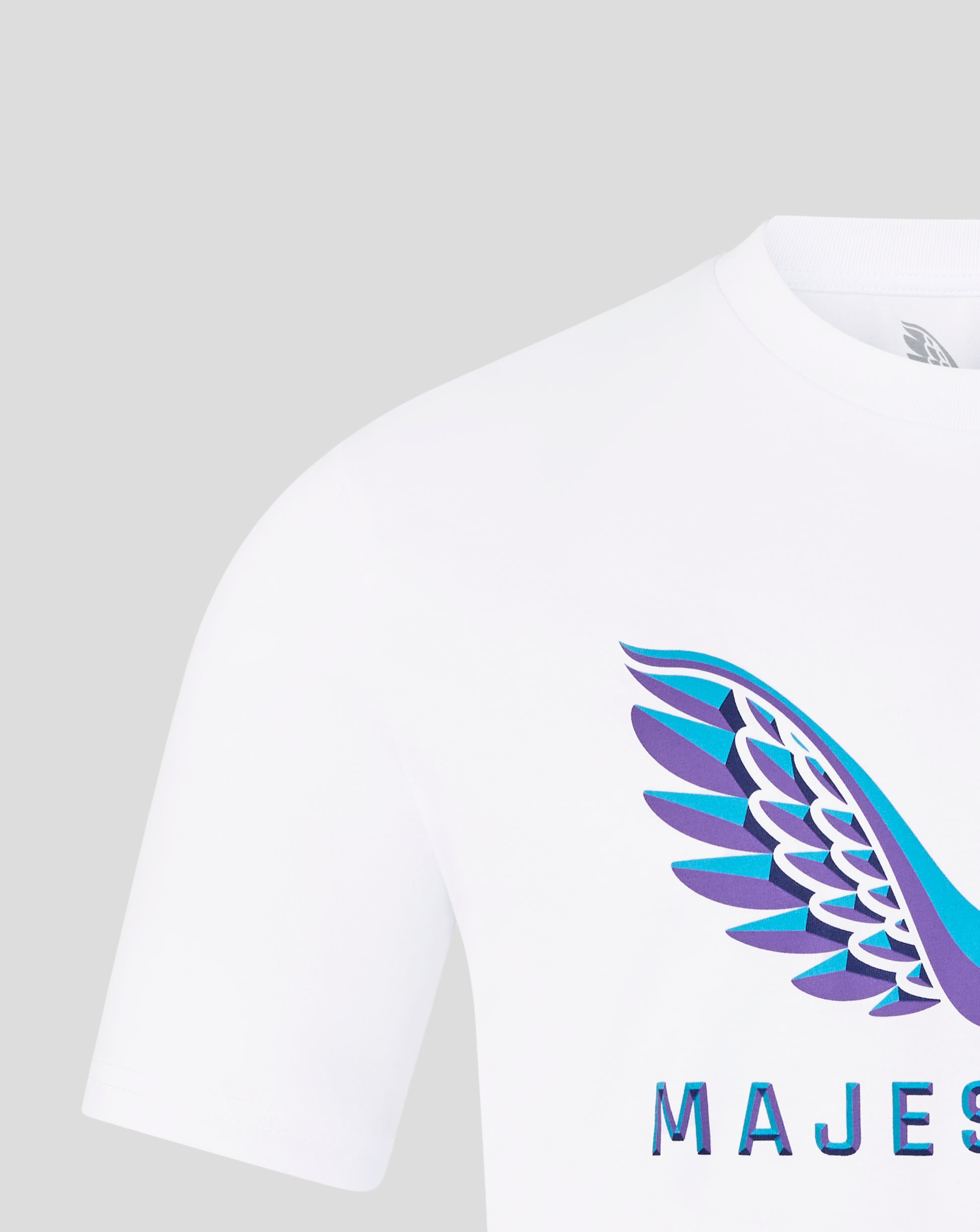 Close up of the wing graphic on the white Majesticks T-Shirt showing blue purple feathers.