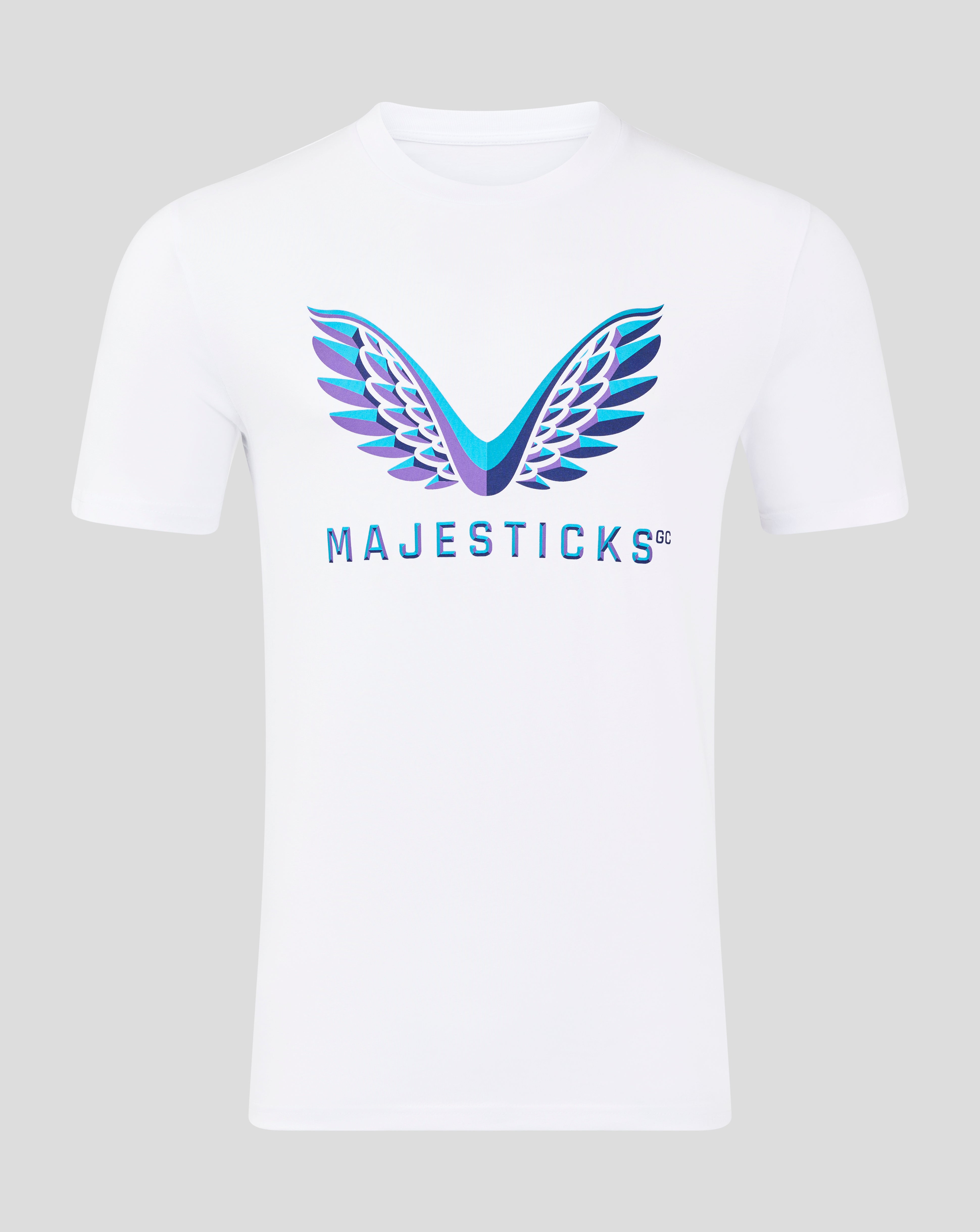 Front view of white Majesticks Graphic T-Shirt with a large blue and purple wing design across the chest and Majesticks text below.