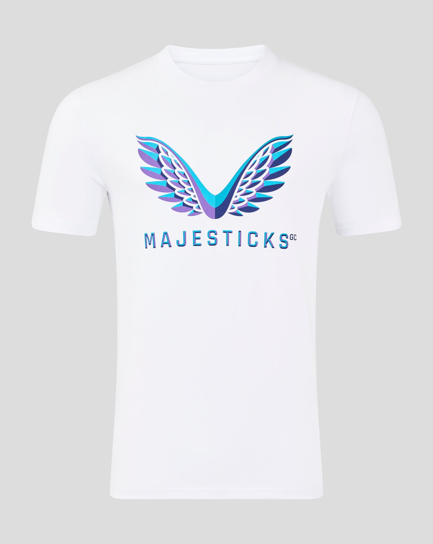 Front view of white Majesticks Graphic T-Shirt with a large blue and purple wing design across the chest and Majesticks text below.