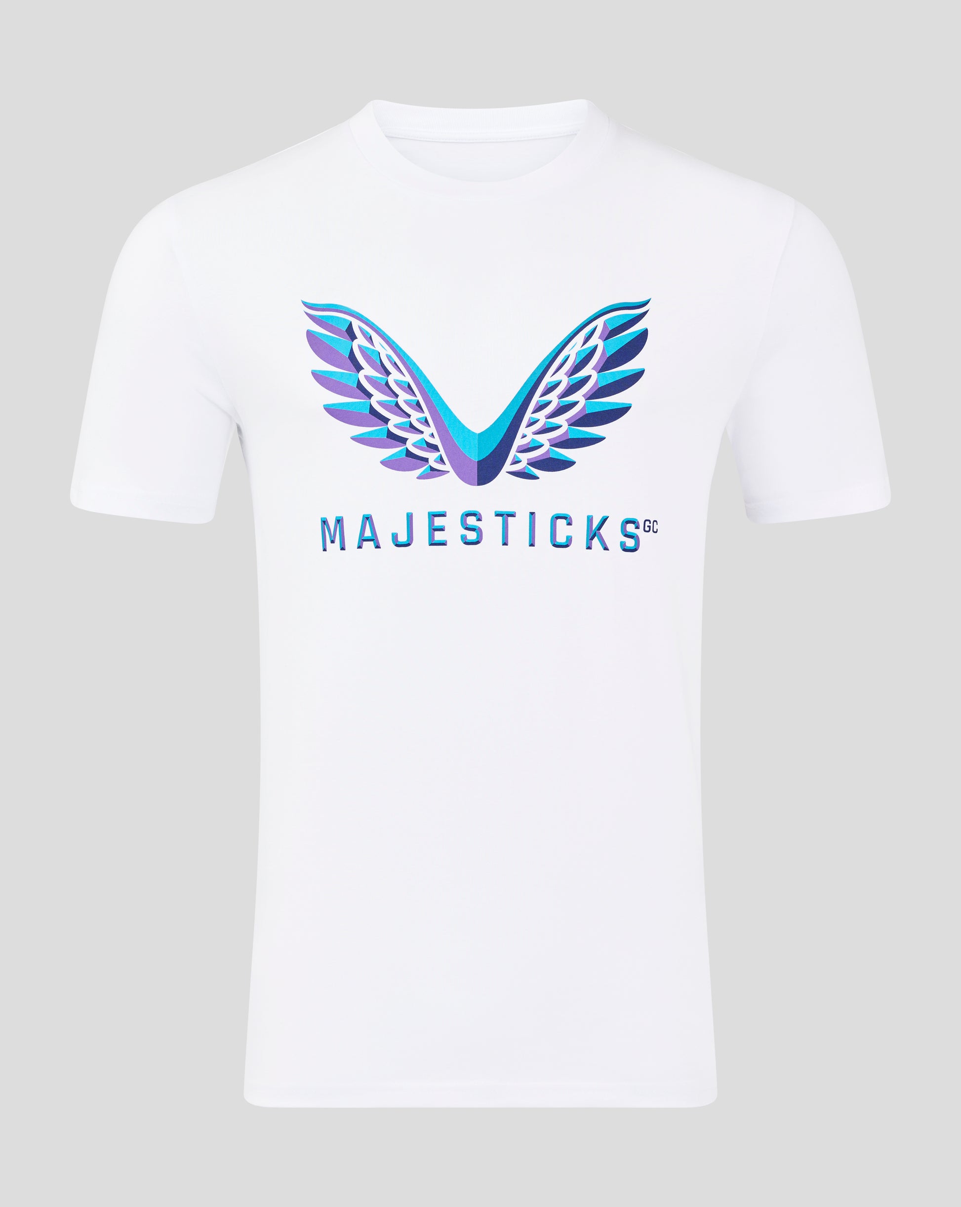 Front view of white Majesticks Graphic T-Shirt with a large blue and purple wing design across the chest and Majesticks text below.
