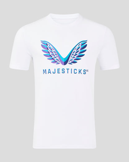 Front view of white Majesticks Graphic T-Shirt with a large blue and purple wing design across the chest and Majesticks text below.