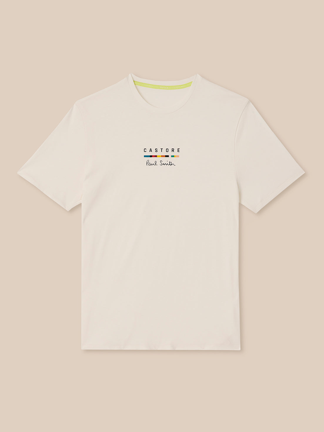 White t-shirt with 'Castore' branding on a beige background