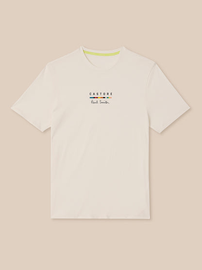 White t-shirt with 'Castore' branding on a beige background
