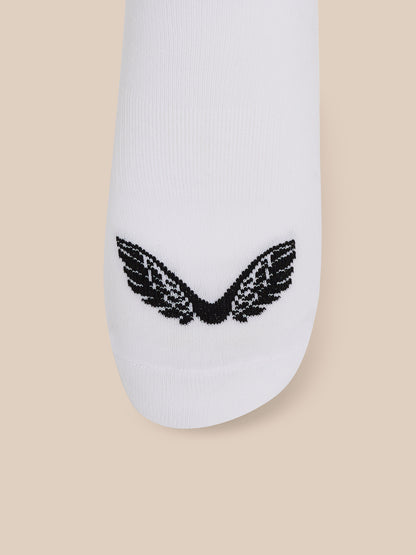 Close-up of a white ankle sock showing the black wing logo at the toe from a different angle