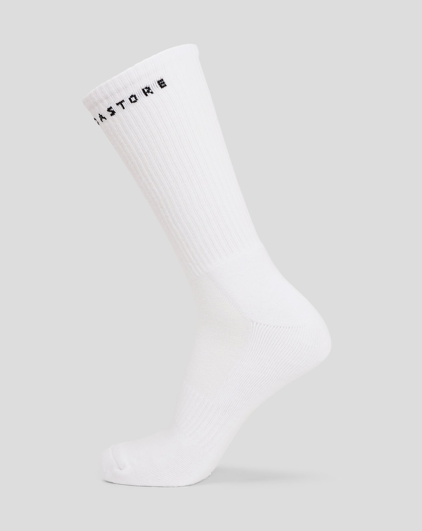 White men's basic crew sock from a two pack displayed diagonally.