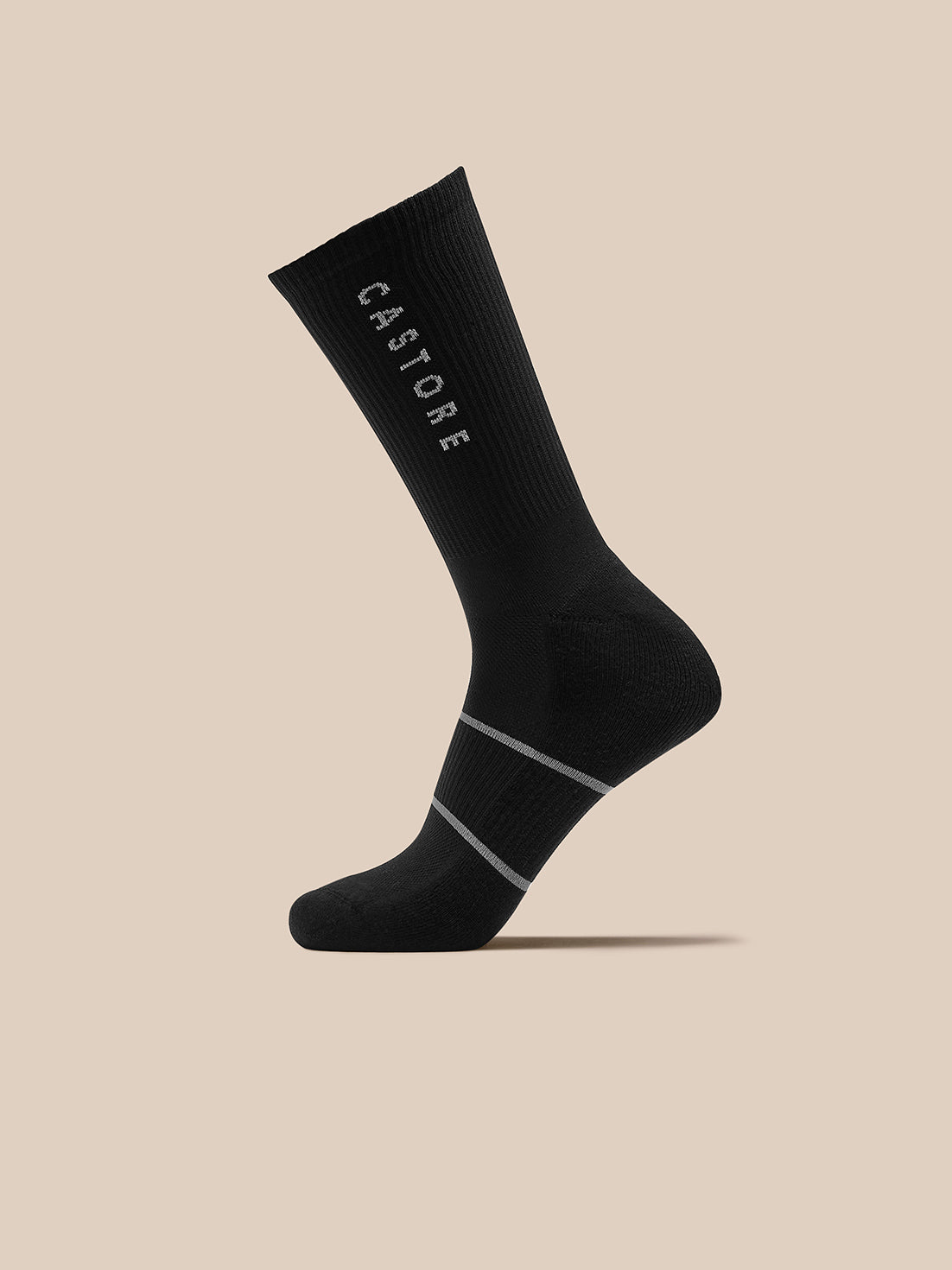 Black Castore crew sock with vertical logo and light gray stripes, part of the Active 3 Pack.