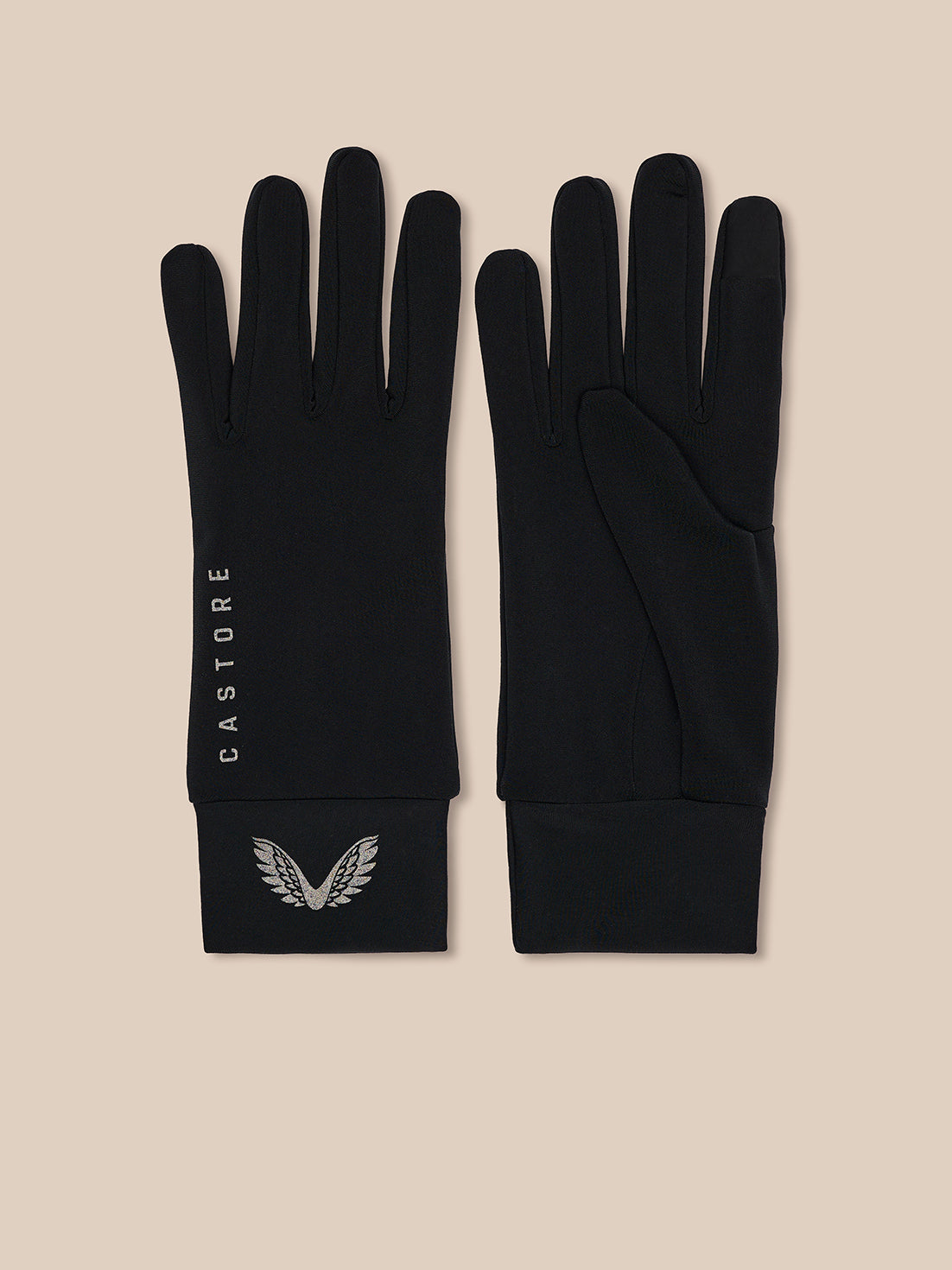 Pair of black Pursuit Gloves laid flat, CASTORE branding along the wrist and cuff
