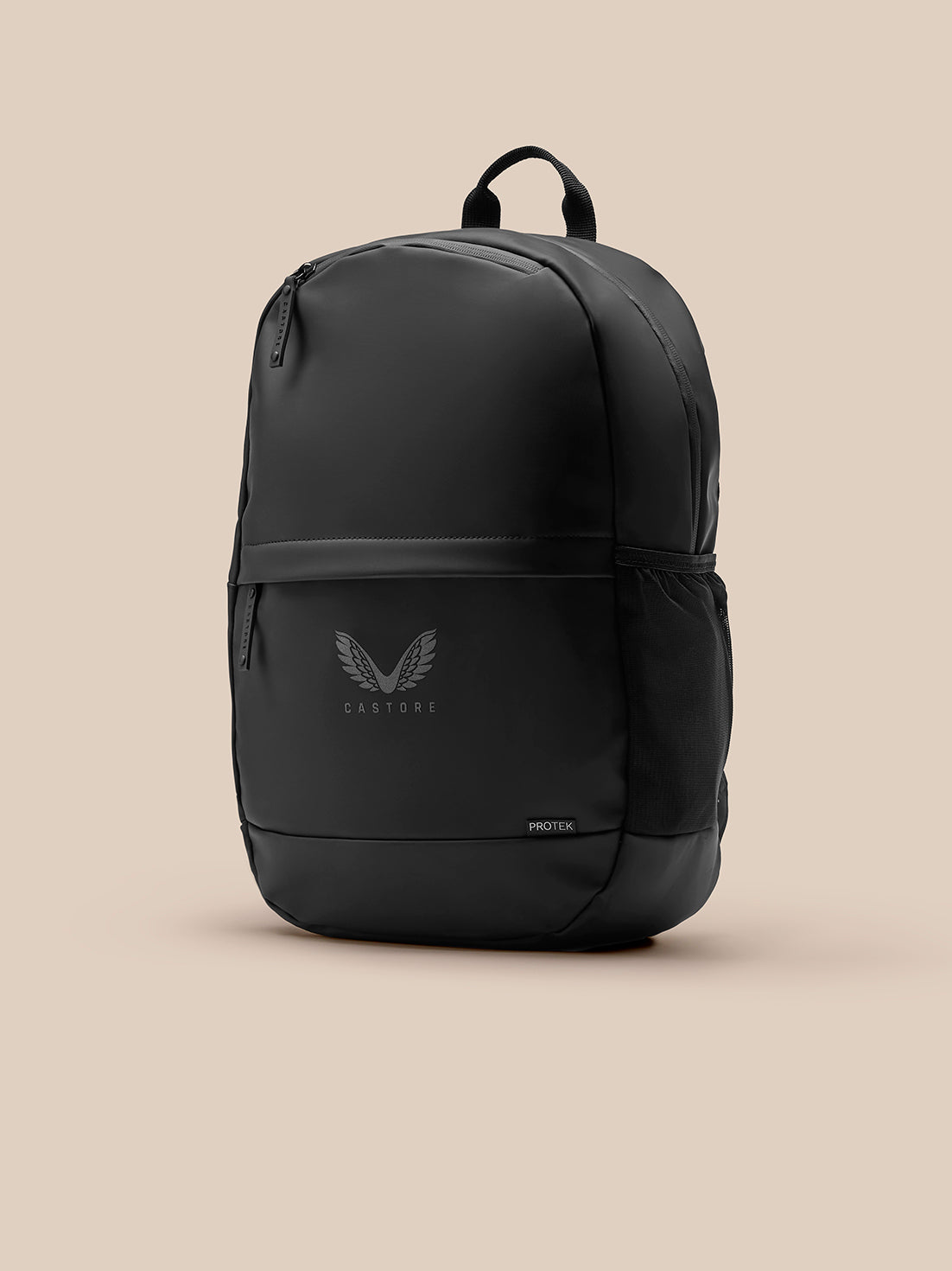 Active Backpack in black with top handle front pocket side mesh pocket and ProTek logo