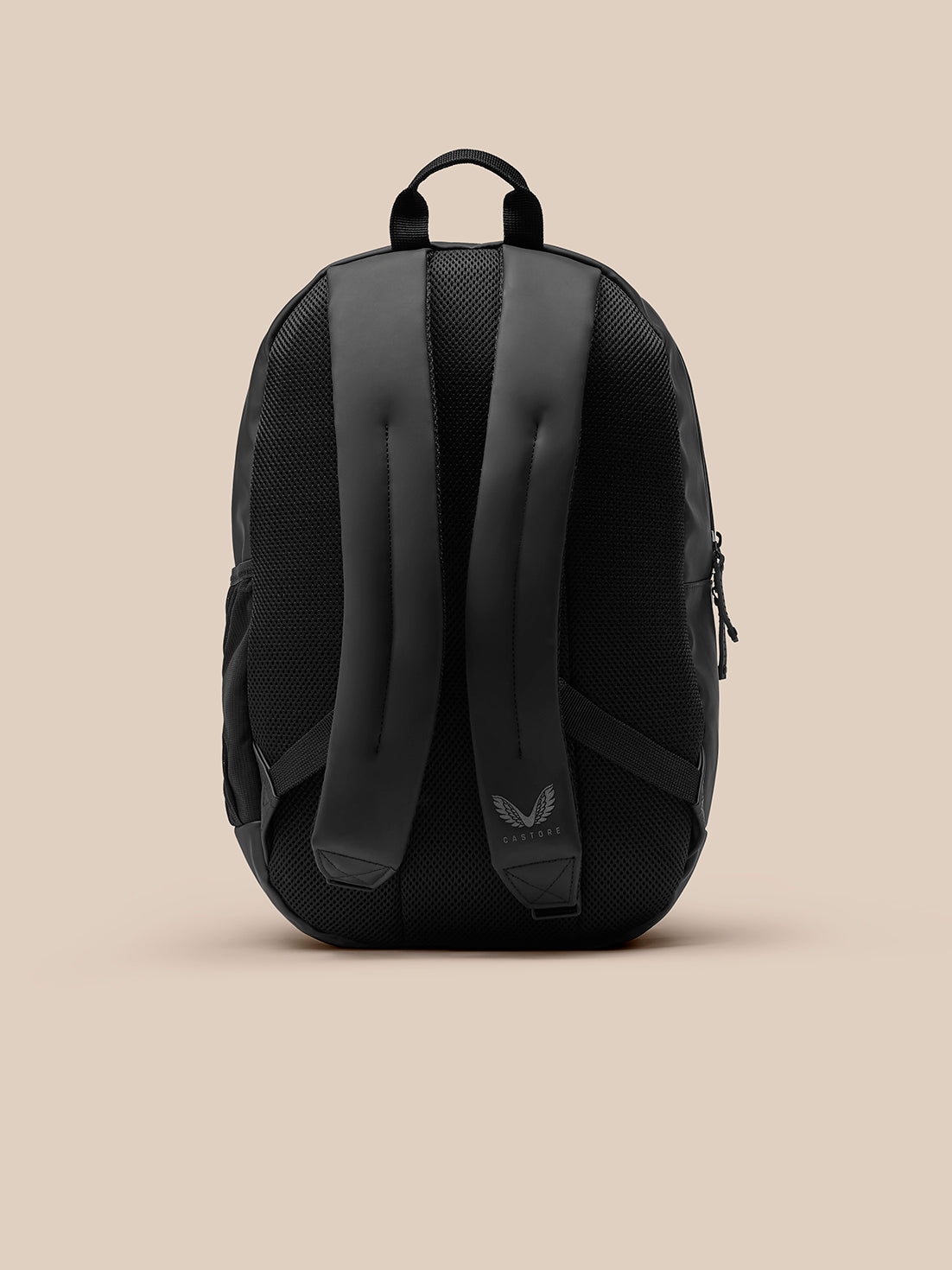 Back view of black Active Backpack showing padded shoulder straps, breathable mesh back panel, and top carry handle.