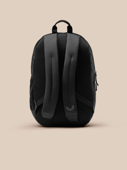 Back view of black Active Backpack showing padded shoulder straps, breathable mesh back panel, and top carry handle.