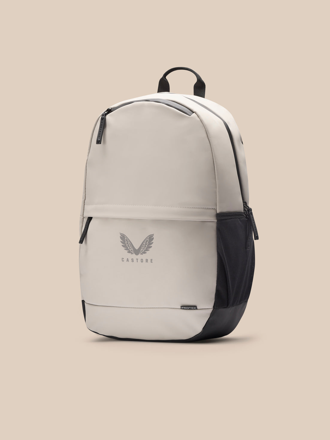 Active Backpack Rock Grey front view with zipped front pocket and Castore logo