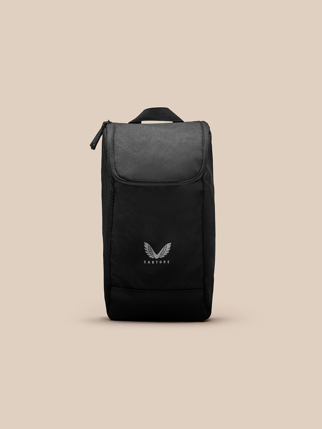 Boot Bag in black with a grey top flap, front view showing the Castore logo and a top carrying strap.
