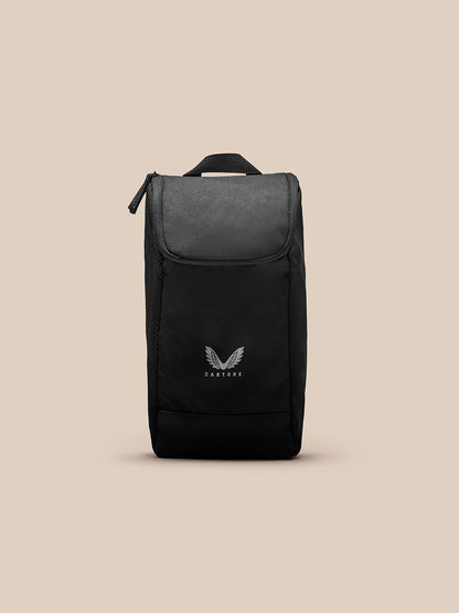 Boot Bag in black with a grey top flap, front view showing the Castore logo and a top carrying strap.