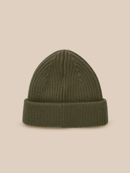 Ivy Green ribbed knit beanie with foldover cuff and Castore logo