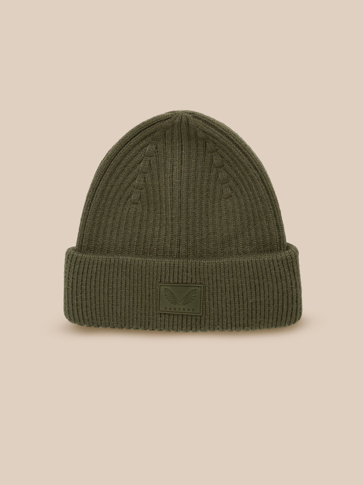 Ivy green ribbed knit beanie with folded cuff and Castore logo patch
