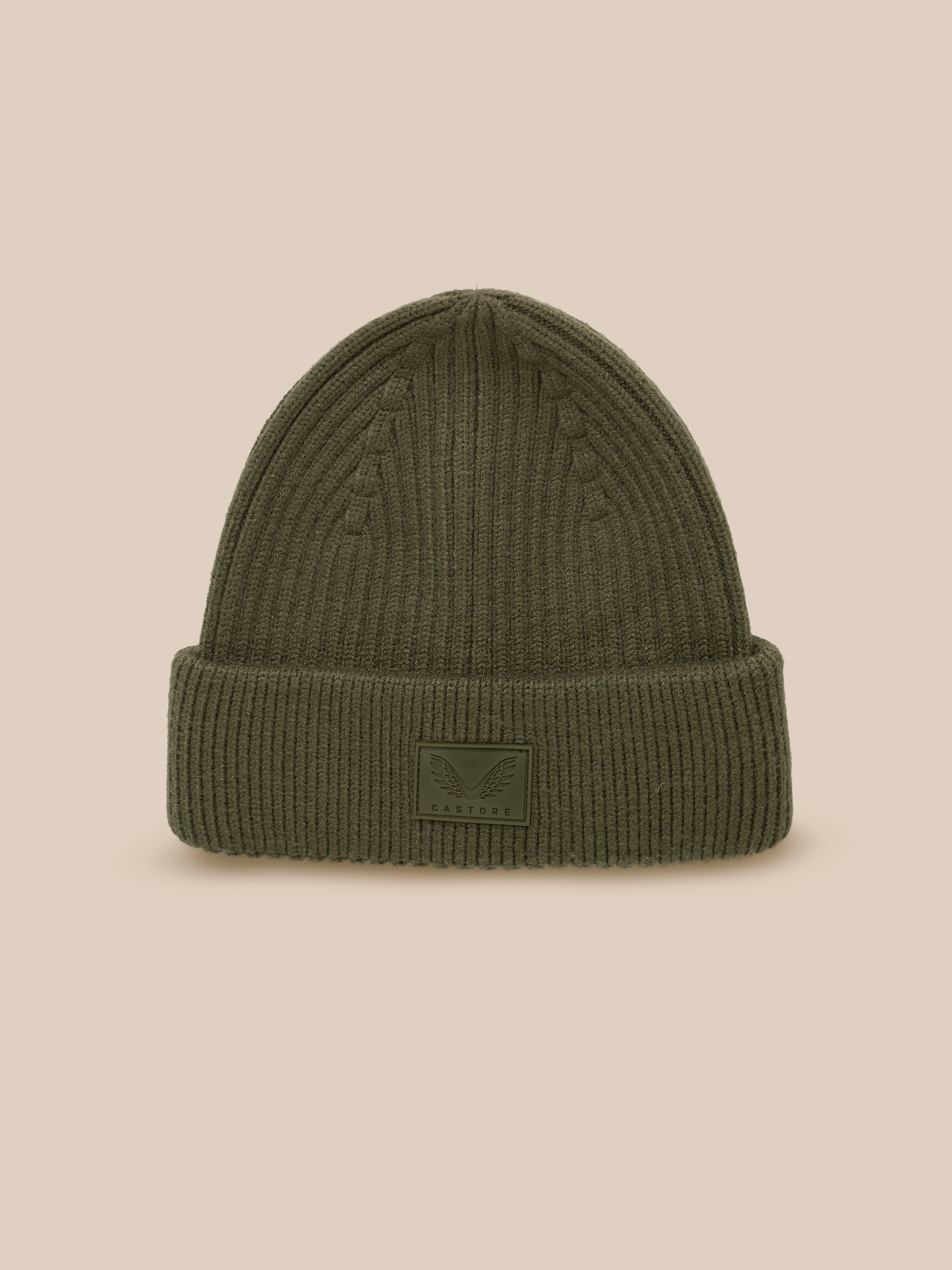Ivy green ribbed knit beanie with folded cuff and Castore logo patch