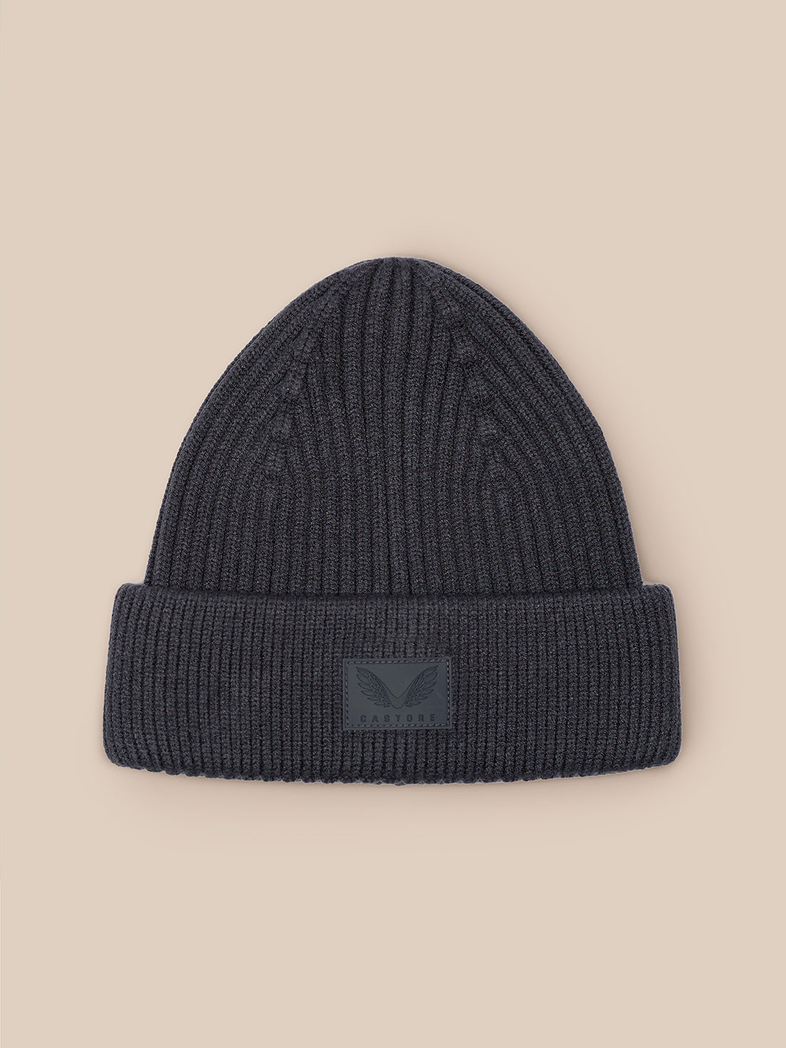 Dark grey ribbed knit beanie with folded cuff and Castore patch