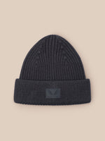 Dark grey ribbed knit beanie with folded cuff and Castore patch