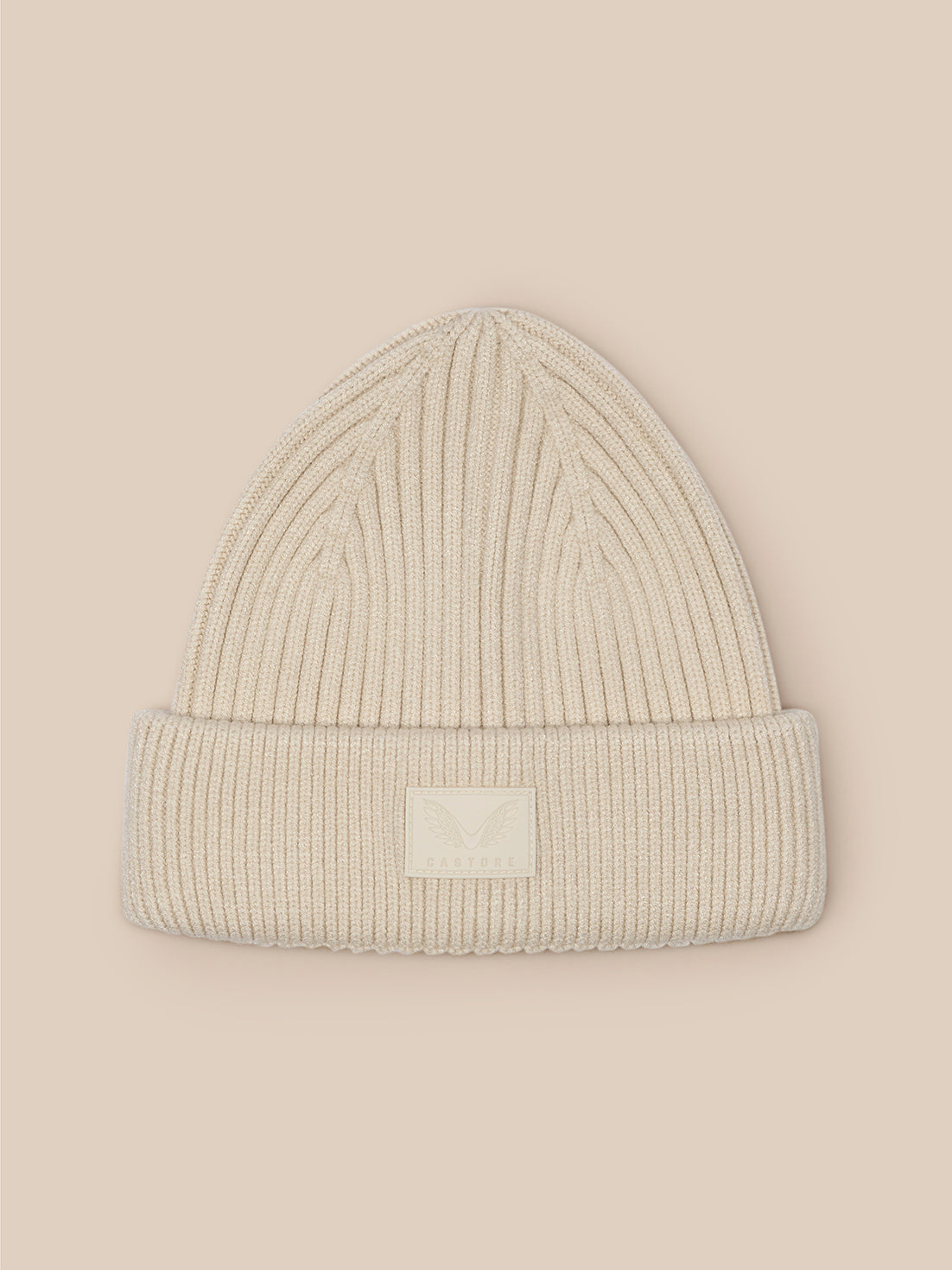 Beige ribbed Castore Active Beanie with folded cuff and front logo