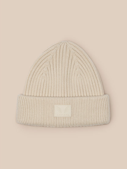 Beige ribbed Castore Active Beanie with folded cuff and front logo