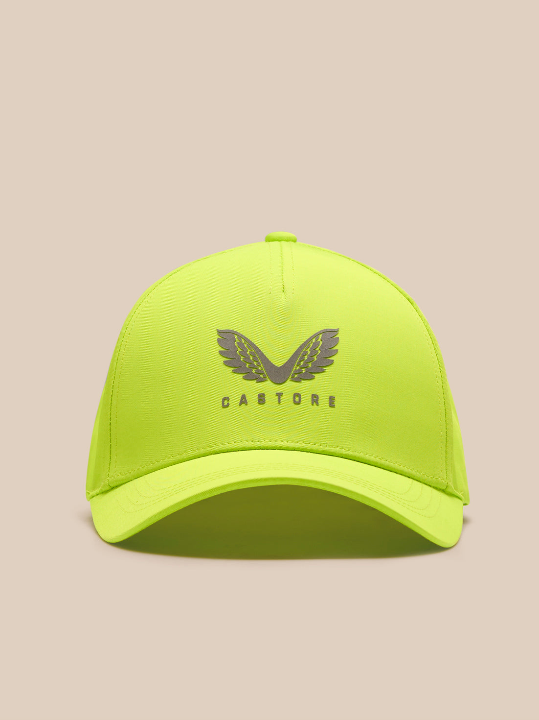Neon lime Castore Active Cap front view with wing logo and curved brim
